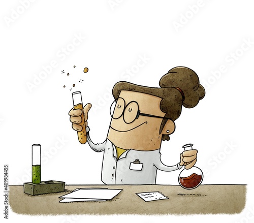 female scientist is mixing liquids in test tubes. Vaccine search concept. isolated
