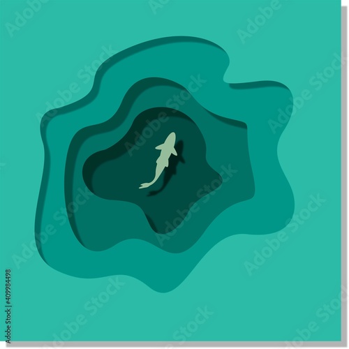 Creative conceptual vector illustration. underwater cave with fish imitation paper.