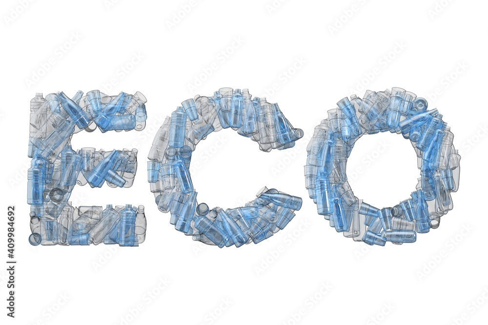 Eco word spelt out in empty plastic bottle font. 3D Rendering Eco word spelt out in empty plastic bottle font. 3D Rendering