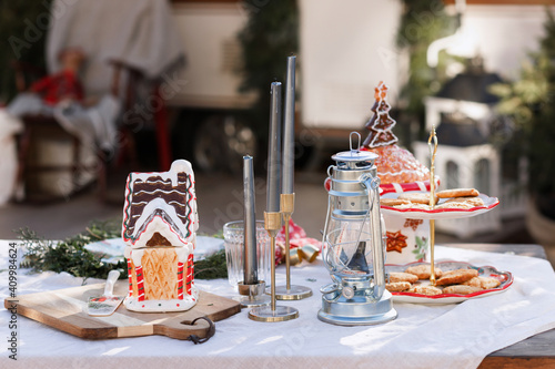 Decorated dining table in the winter outdoors