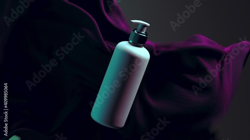 Body treatment, skin and hair care concept. White cosmetic dispenser rotates against a background of light purple fabric. High quality 4k footage