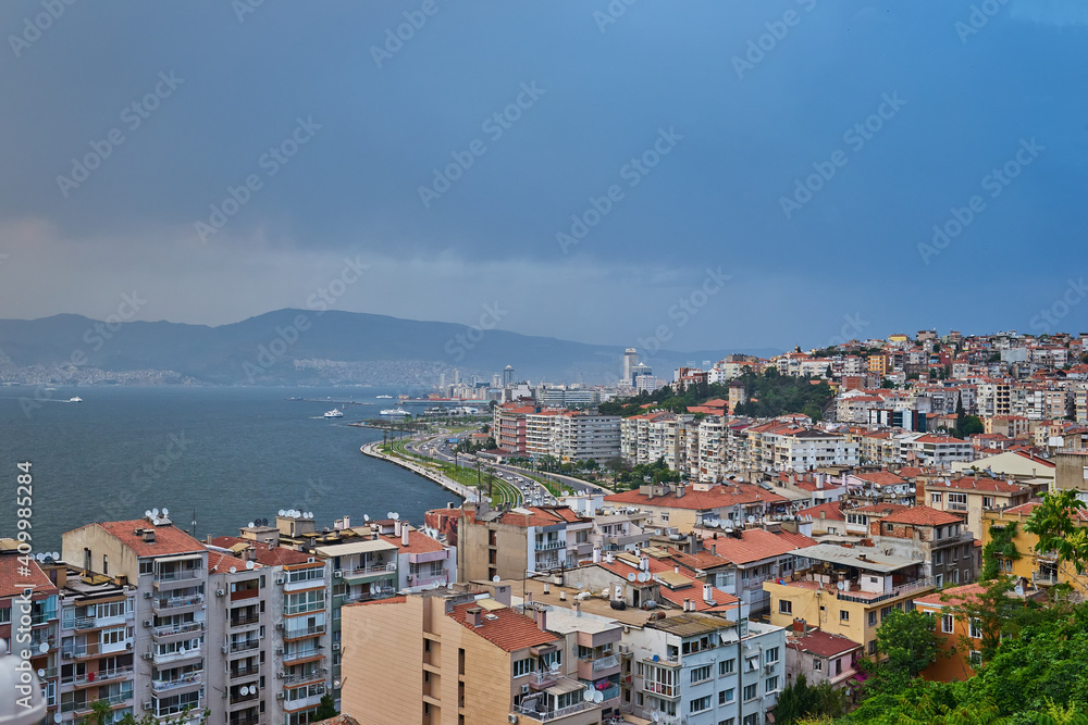Izmir, City Lanscape through historical elevator, Sea and city lanscape with buildings, mountains, sea and old buildings, view on top