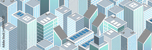 Isometric futuristic city vector illustration. Isometric urban megalopolis top view of the city and architecture 3d elements different buildings