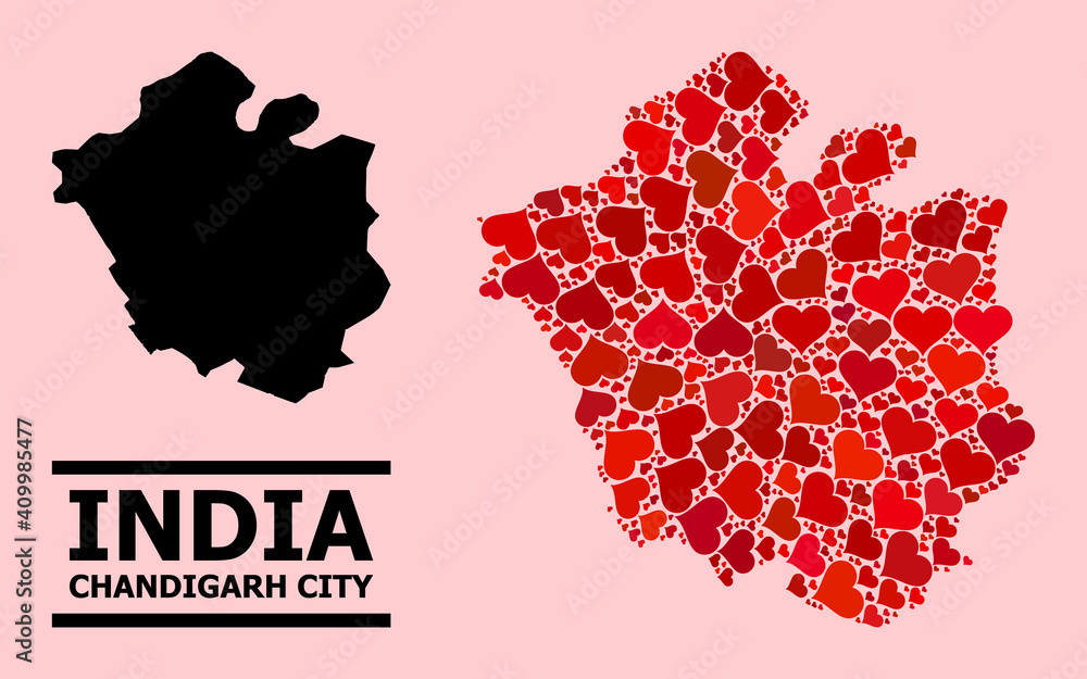 Love mosaic and solid map of Chandigarh City on a pink background. Collage map of Chandigarh City is composed with red love hearts. Vector flat illustration for love conceptual illustrations.