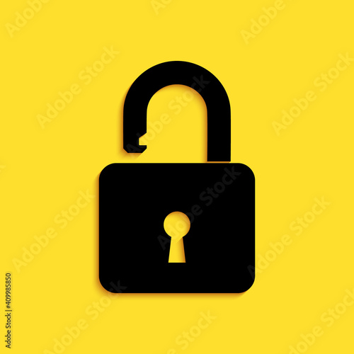 Black Open padlock icon isolated on yellow background. Opened lock sign. Cyber security concept. Digital data protection. Safety safety. Long shadow style. Vector.