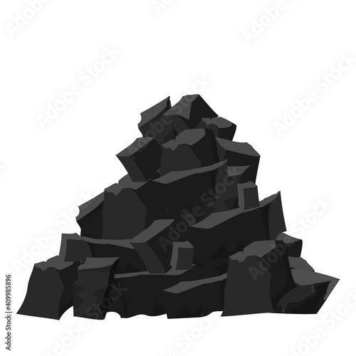 Big pile, stack of coal pieces, charcoal in cartoon style isolated on white background. Black and dark grey colours, detailed drawing. Heavy industry, construction of ore, resource.