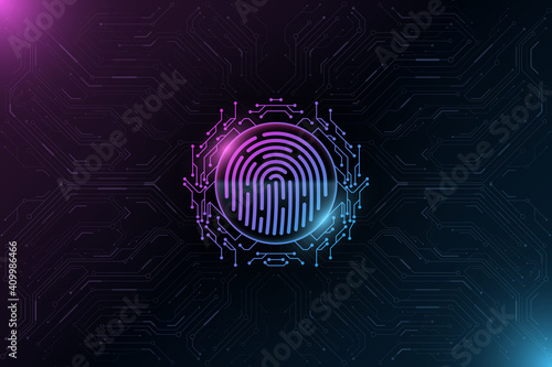 Futuristic fingerprint. Biometric data security. Big data CPU. Glowing blue and purple HUD round element. Scan user. Touch screen panel. Computer circuit board pattern. Vector illustration.
