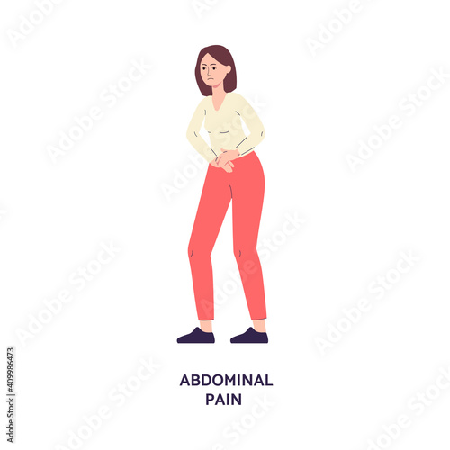 vector illustration of young woman with symptom of food poisoning-abdominal pain