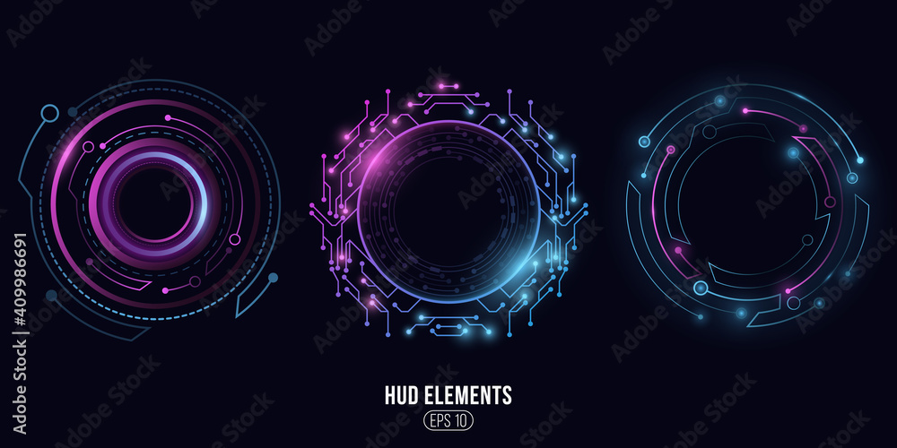 Futuristic round glowing HUD elements. Artificial intelligence. Virtual graphic touch user interface. Dashboard display. Sci-fi and Hi-tech design. Vector illustration. - obrazy, fototapety, plakaty 