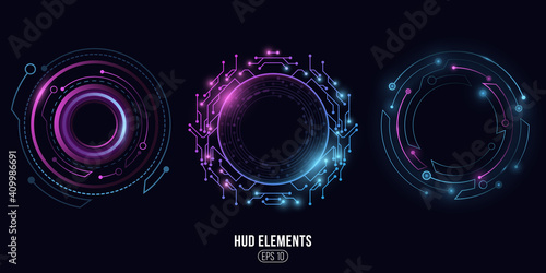 Futuristic round glowing HUD elements. Artificial intelligence. Virtual graphic touch user interface. Dashboard display. Sci-fi and Hi-tech design. Vector illustration. photo