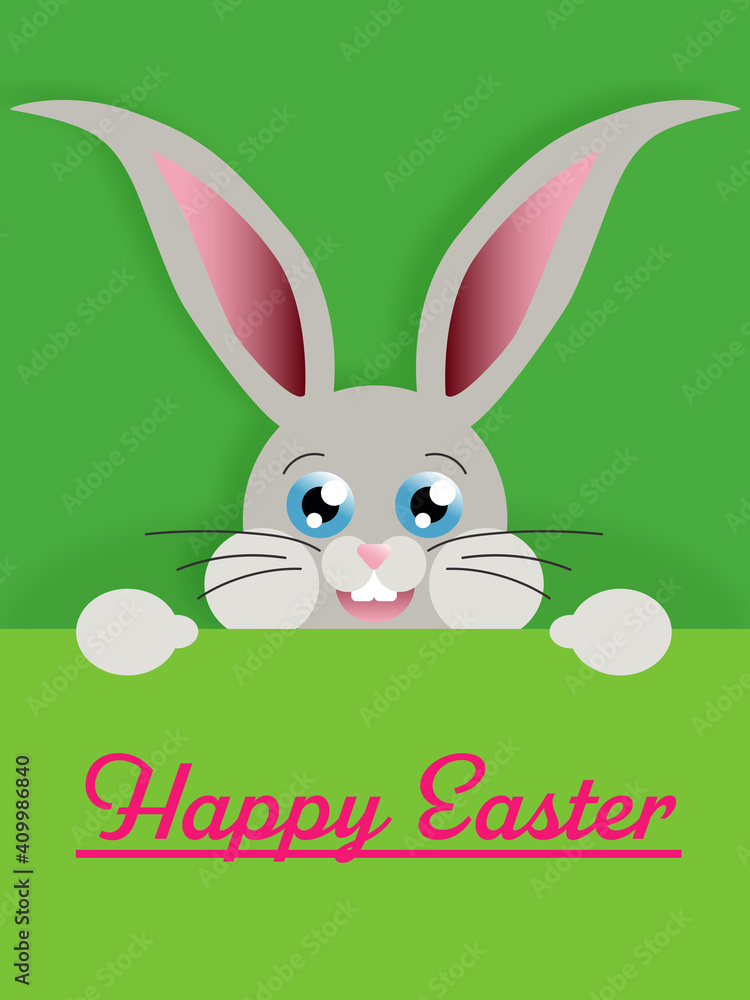 niedlicher Hase zu Ostern im Frühling auf einem grünen Hintergrund mit Schriftzug niedlicher Hase zu Ostern im Frühling auf einem grünen Hintergrund mit Schriftzug