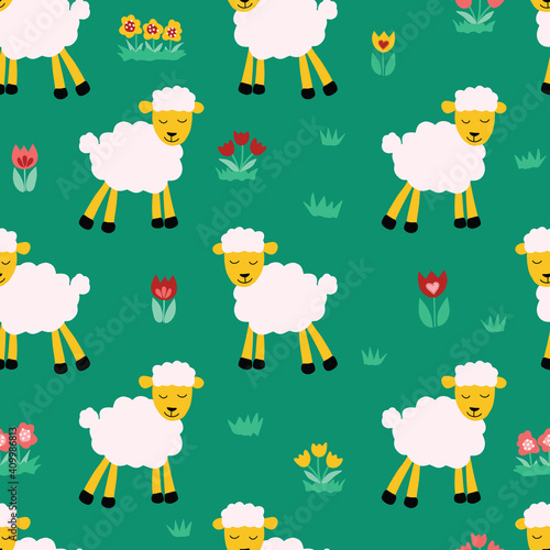 Seamless pattern with sheep on green background. Repeating kids vector background. Cute animal lamb illustration and flowers for fabric, textile, wrapping paper. Vector illustration.