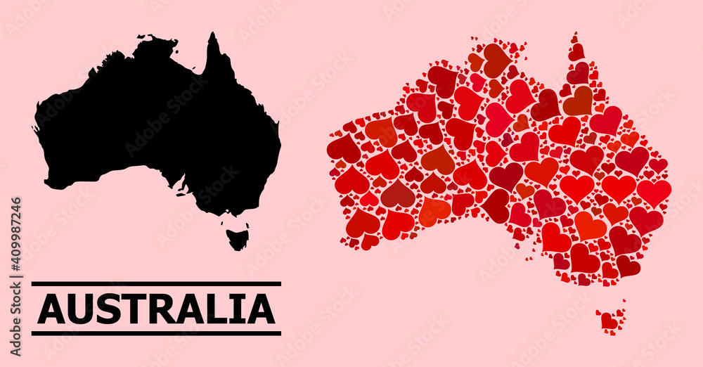 Love collage and solid map of Australia on a pink background. Collage map of Australia is composed from red love hearts. Vector flat illustration for dating abstract illustrations.