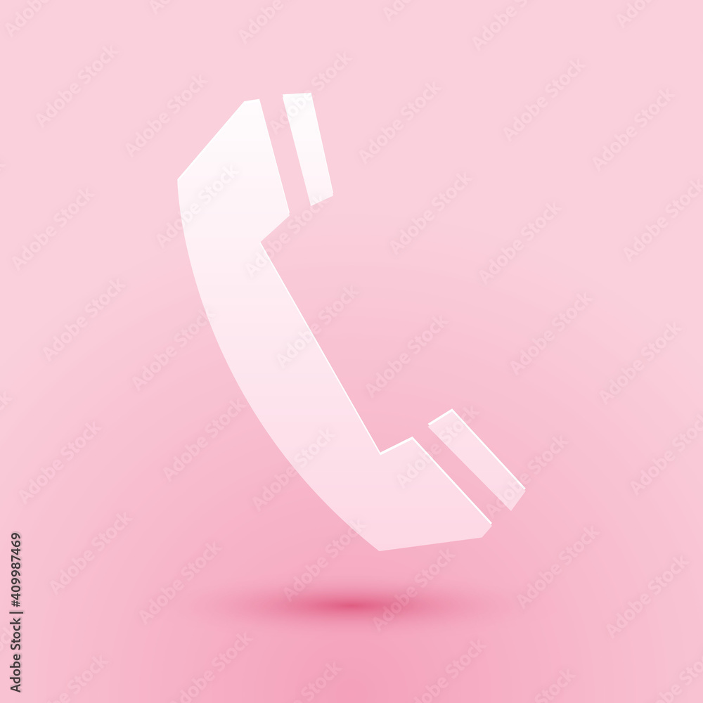 Paper cut Telephone handset icon isolated on pink background. Phone sign. Call support center symbol. Communication technology. Paper art style. Vector. Paper cut Telephone handset icon isolated on pink background. Phone sign. Call support center symbol. Communication technology. Paper art style. Vector.
