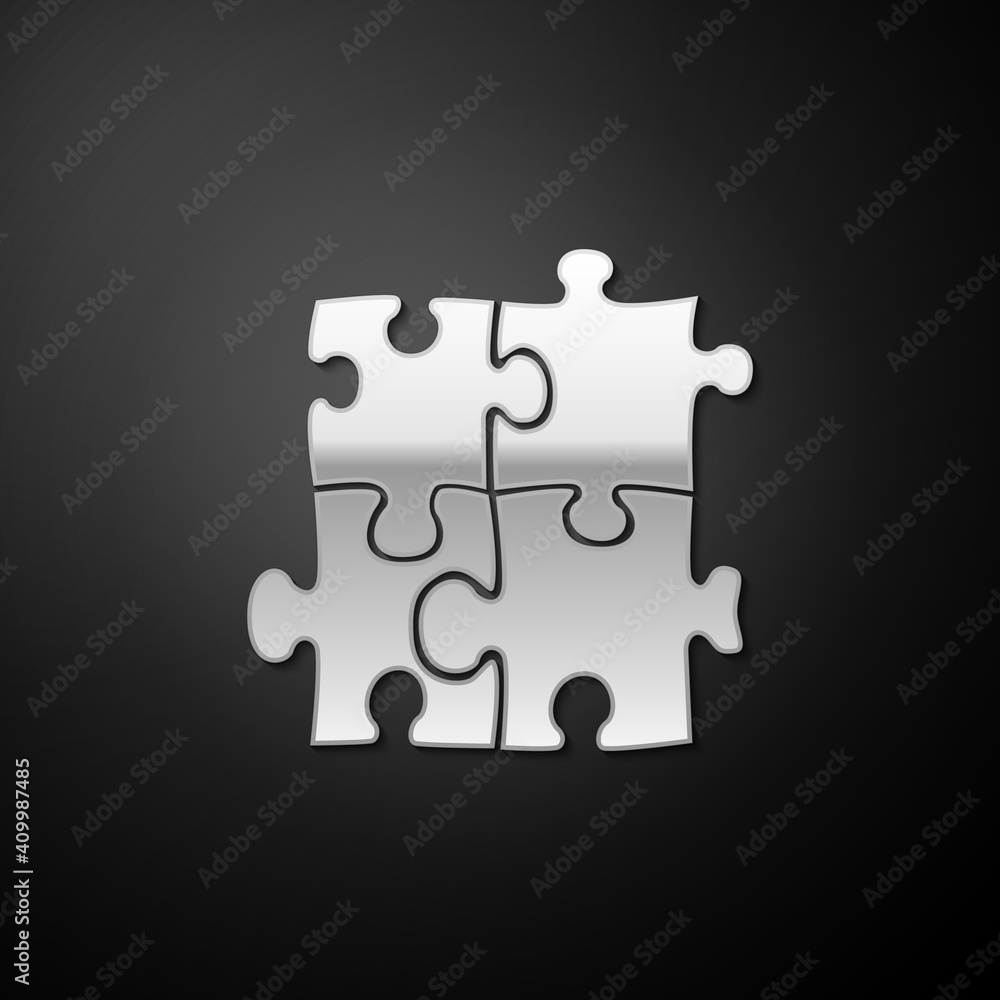 Silver Piece of puzzle icon isolated on black background. Business, marketing, finance, template, layout, infographics, internet concept. Long shadow style. Vector. Silver Piece of puzzle icon isolated on black background. Business, marketing, finance, template, layout, infographics, internet concept. Long shadow style. Vector.