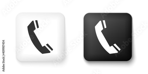 Black and white Telephone handset icon isolated on white background. Phone sign. Call support center symbol. Communication technology. Square button. Vector.