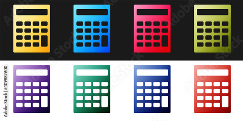 Set Calculator icon isolated on black and white background. Accounting symbol. Business calculations mathematics education and finance. Vector.