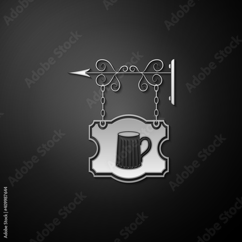 Silver Street signboard on forged brackets with wooden mug of beer icon isolated on black background. Suitable for bar, tavern, cafe, pub, restaurant. Long shadow style. Vector.