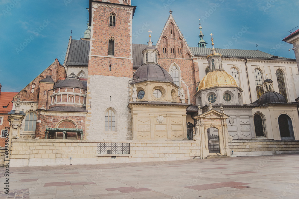 Krakow, Poland - October, 2015: Royal Archcathedral Basilica of St. Stanislaus and Wenceslaus on Wawel Hill known as the Wawel Cathedral in Krakow Royal Castle. One of most popular landmarks in Poland