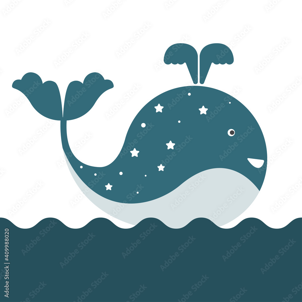 Fototapeta premium Kid room whale fish pattern background. Graphic simple design for greeting card, baby party invitation. kid closes print, nursery wall art poster