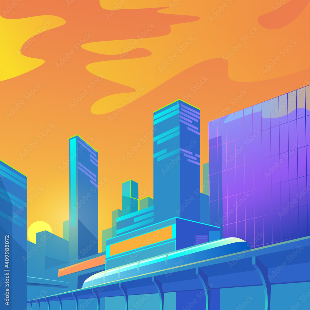 A bright contrasting illustration of the urban landscape. Shiny skyscrapers of a futuristic subway.