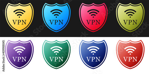 Set Shield with VPN and WiFi wireless internet network icon isolated on black and white background. VPN protect safety. Virtual private network for security. Vector.