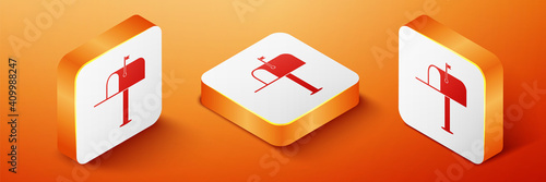 Isometric Open mail box icon isolated on orange background. Mailbox icon. Mail postbox on pole with flag. Orange square button. Vector.