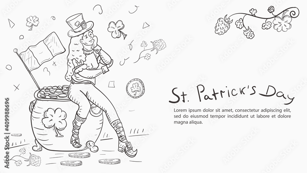 Contour illustration banner in the style of childrens doodles for the design of designs on the theme of the holiday of St. Patricks day A leprechaun girl sits on a pot with gold coins