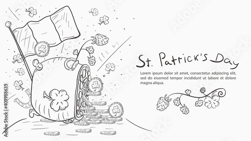 Contour illustration banner in the style of childrens doodles for decorating designs on the theme of the St. Patricks Day holiday an inverted pot with gold coins and a flag
