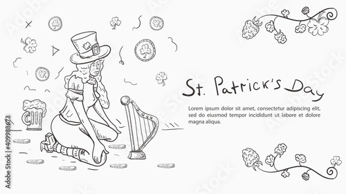 Contour illustration banner in the style of childrens doodles for the design of designs on the theme of the holiday of St. Patricks day A leprechaun girl sits next to a harp