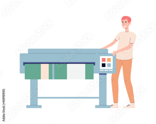 Male works with printing equipment in printing house a flat vector illustration.