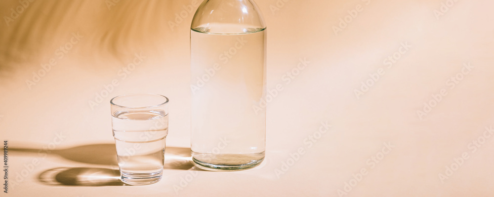 Glass and bottle with water on pastel background with tropical palm leaf shadow Glass and bottle with water on pastel background with tropical palm leaf shadow