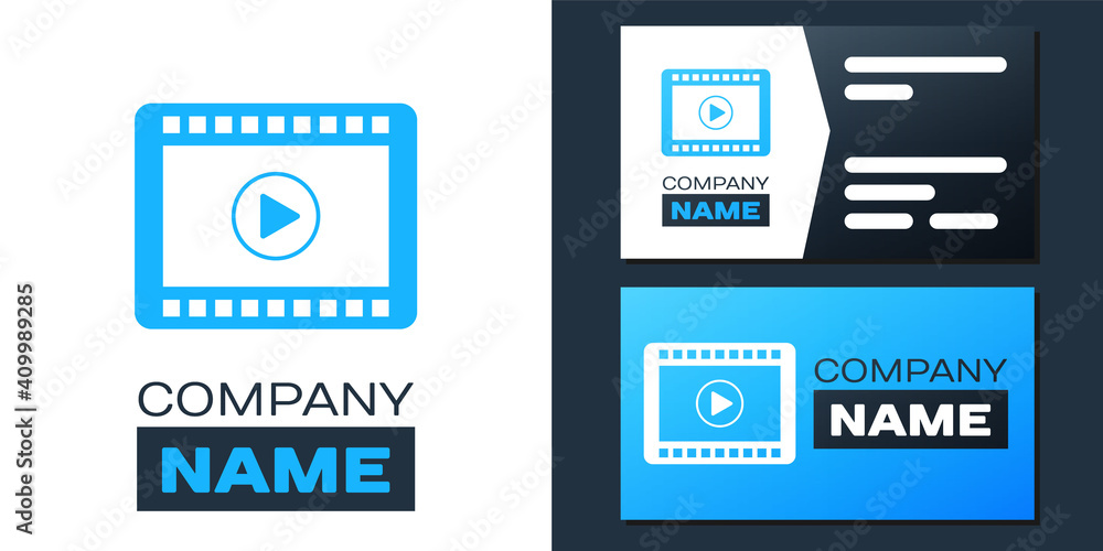 Logotype Play Video icon isolated on white background. Film strip with play sign. Logo design template element. Vector.