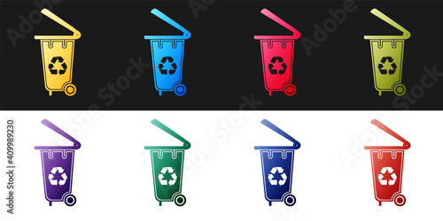 Set Recycle bin with recycle symbol icon isolated on black and white background. Trash can icon. Garbage bin sign. Recycle basket icon. Vector.