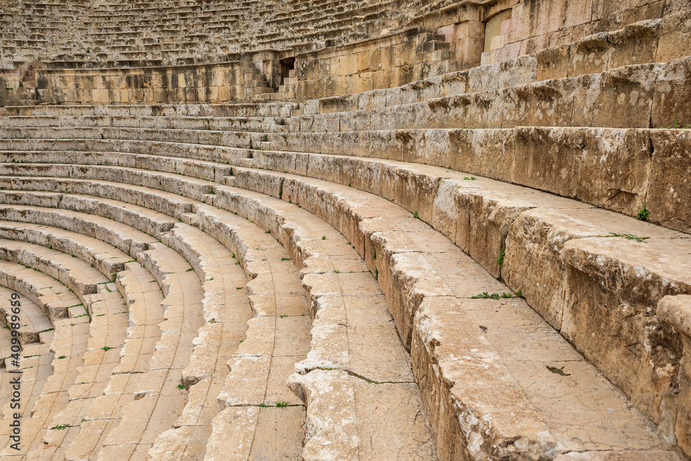 Ruins of ancient Roman amphitheatre in city of Gerasa in Jerash, Jordan
