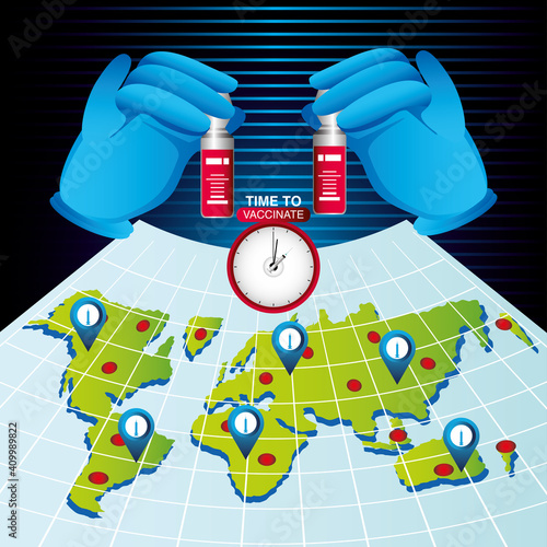 world vaccine time to vaccinate, map and hands with vial covid 19 coronavirus