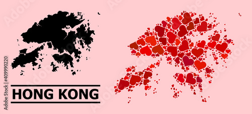 Love mosaic and solid map of Hong Kong on a pink background. Mosaic map of Hong Kong is composed with red lovely hearts. Vector flat illustration for marriage conceptual illustrations.