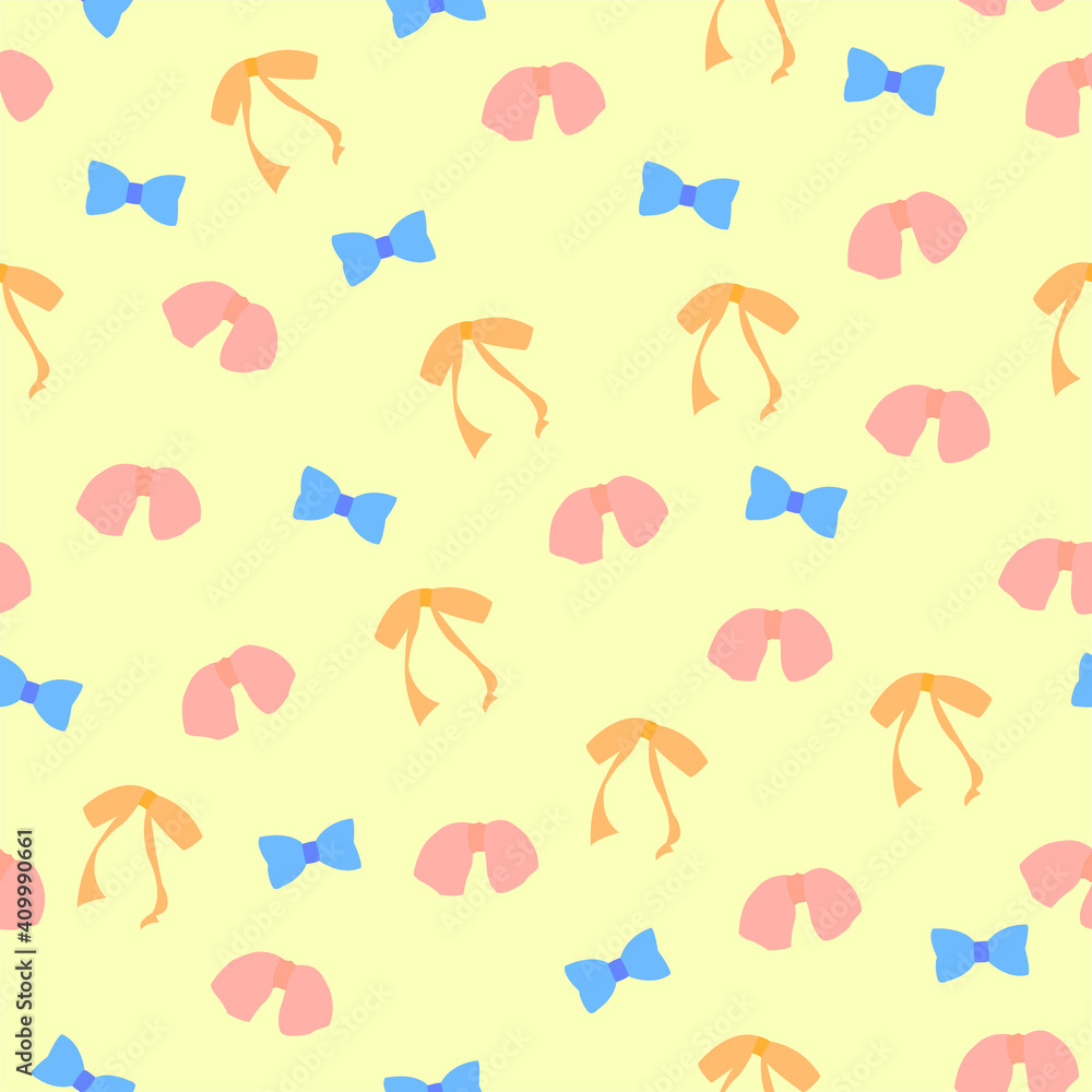 Seamless simple pattern with blue, orange, salmon bows and ribbons on pale yellow background. Simple square texture with frill and bands. Easy to use vector. Endless girl texture for fabric or paper.