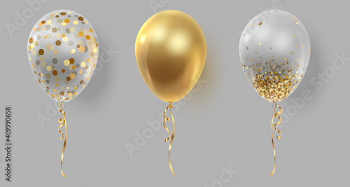 Set of three realistic ballons, gold, transparent with golden confetti, paper circles and ribbons. Vector illustration for card, party, design, flyer, poster, decor, banner, web, advertising. 