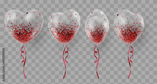 Set of three transparent realistic heart ballons, from different sides with red confetti and ribbons. Vector illustration for card, party, design, flyer, poster, decor, banner, web, advertising.