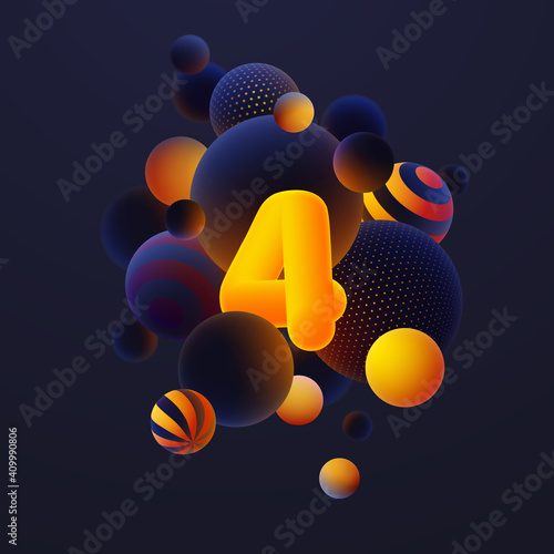 Luminescent yellow number 4, one with realistic blue balls, blured and luminous, orange balls with patterns, dots and stripes with soft touch feeling in dark background. Vector illustration. 