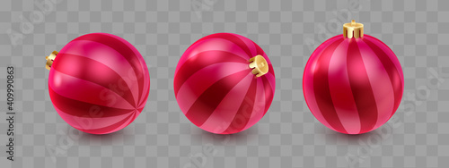 Red Christmas balls with stripes, shadow and reflex on transparent background. Happy New Year card, design for flyer, poster, decor, banner, web, advertising. Vector illustration. 