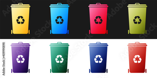 Set Recycle bin with recycle symbol icon isolated on black and white background. Trash can icon. Garbage bin sign. Recycle basket icon. Vector.