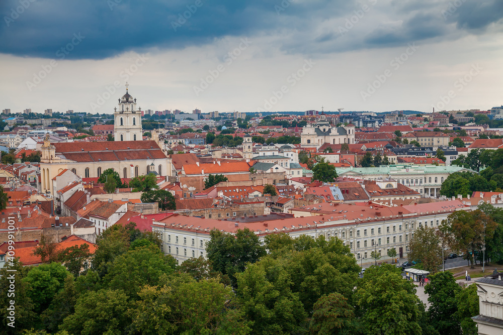 Old town in Vilnius with small houses and red tiles