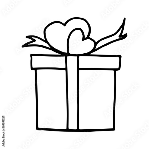 Festive box with ribbon and hearts. A gift for lovers. Drawn with outline in doodle style. Vector illustration.