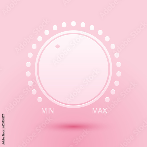 Paper cut Dial knob level technology settings icon isolated on pink background. Volume button, sound control, music knob with scale, analog regulator. Paper art style. Vector.
