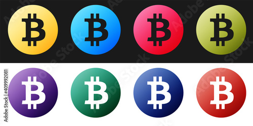 Set Cryptocurrency coin Bitcoin icon isolated on black and white background. Physical bit coin. Digital currency. Blockchain based secure crypto currency. Vector.