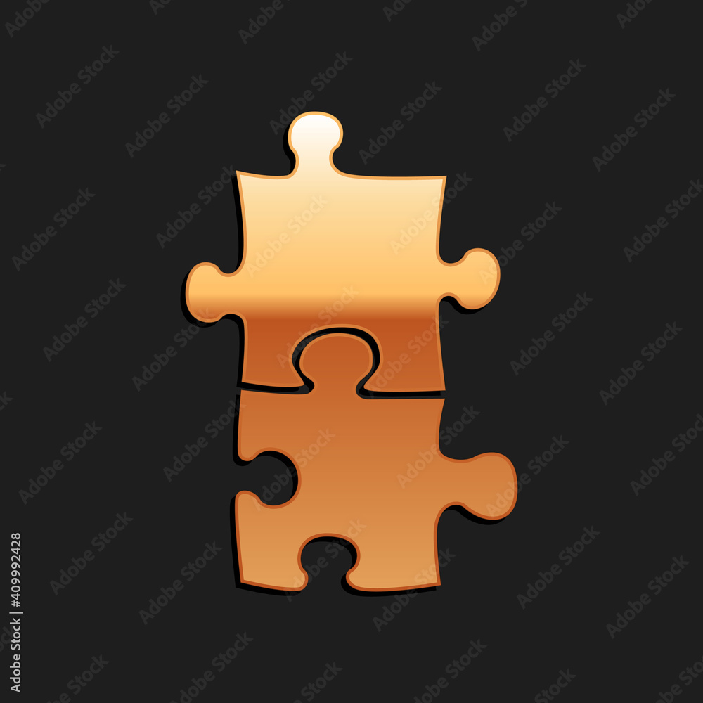 Gold Piece of puzzle icon isolated on black background. Business, marketing, finance, template, layout, infographics, internet concept. Long shadow style. Vector. Gold Piece of puzzle icon isolated on black background. Business, marketing, finance, template, layout, infographics, internet concept. Long shadow style. Vector.