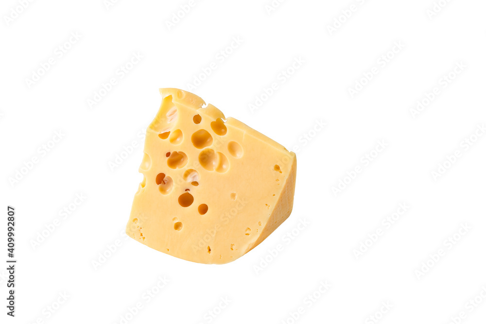 Semicircular piece of hard cheese on a white background Semicircular piece of hard cheese on a white background