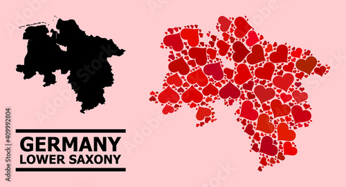 Love collage and solid map of Lower Saxony State on a pink background. Collage map of Lower Saxony State formed with red love hearts. Vector flat illustration for dating conceptual illustrations.